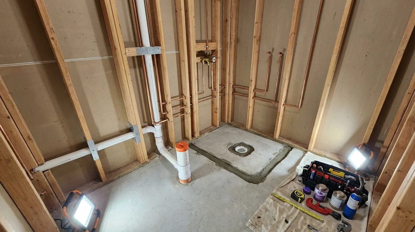 Bathroom rough-in plumbing during remodel by Johns Plumbing LLC in Lake Arrowhead