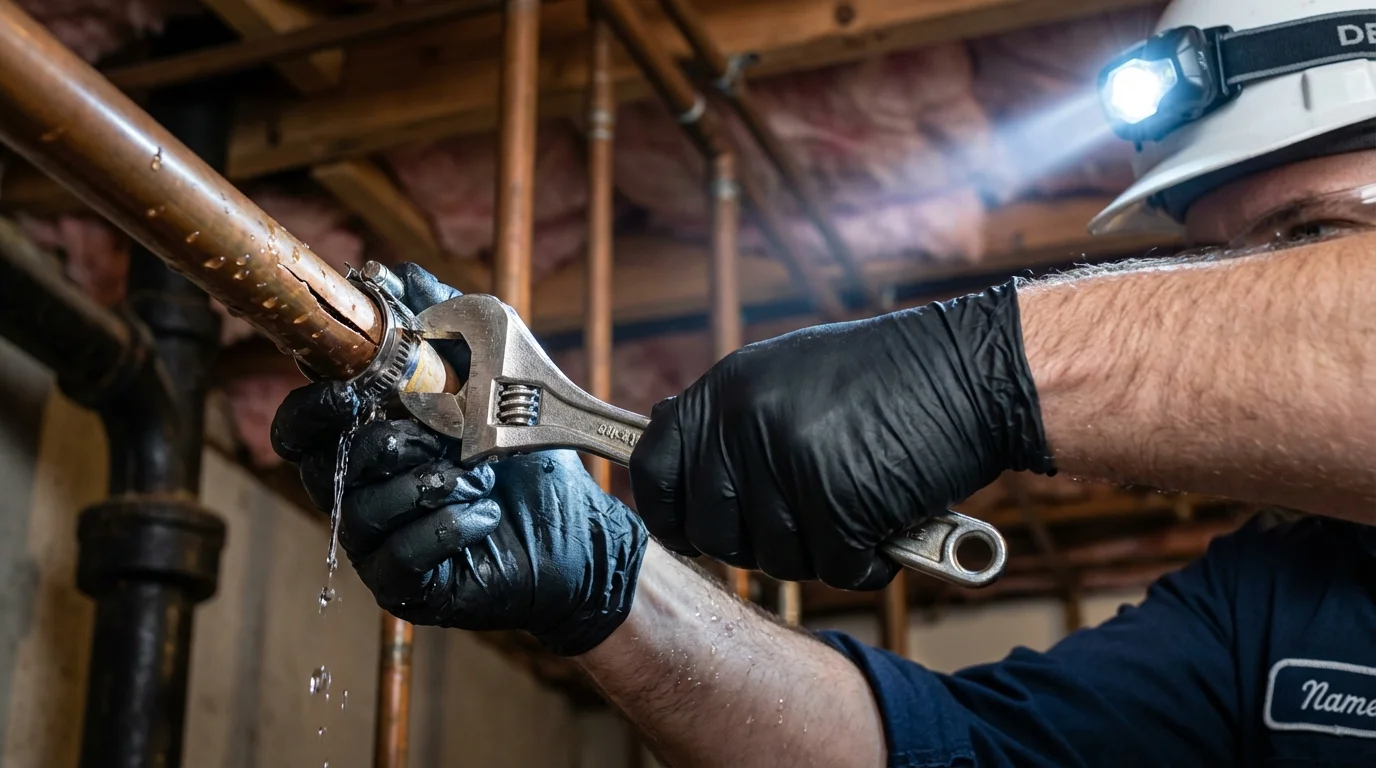 Emergency pipe clamp repair being performed by a Johns Plumbing LLC plumber in Lake Arrowhead