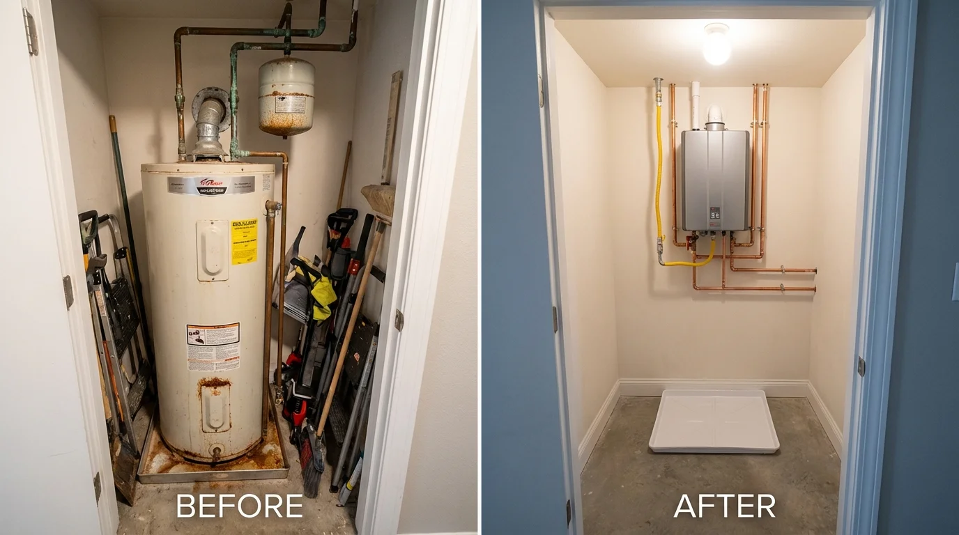 Tank water heater versus wall-mounted tankless unit comparison for Lake Arrowhead, CA homeowners