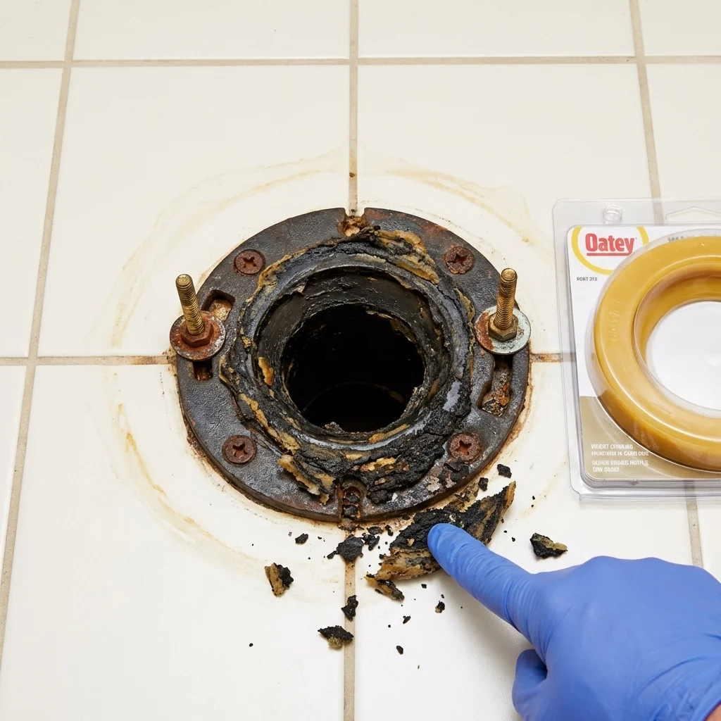 Failed wax ring showing water seepage at the base of a toilet in a Lake Arrowhead, CA home